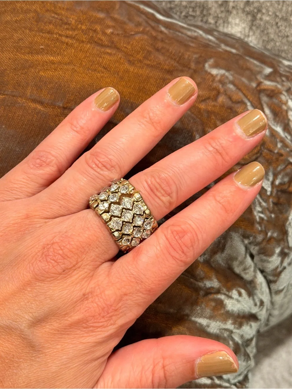 Gold Tone Clear Rhinestone Pave Statement Cocktail Ring #754